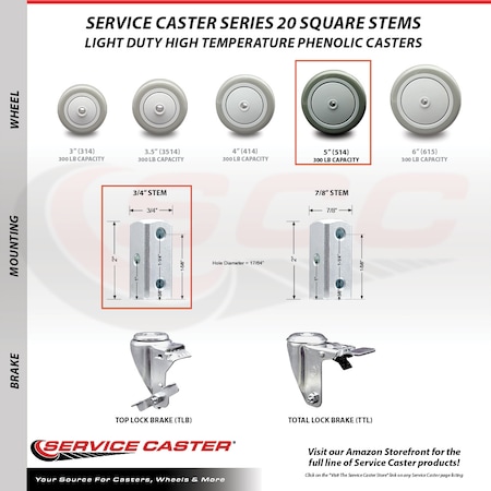 Service Caster 5 Inch Gray Polyurethane Wheel Swivel 3/4 Inch Square Stem Caster SCC SCC-SQ20S514-PPUB-GRY-34